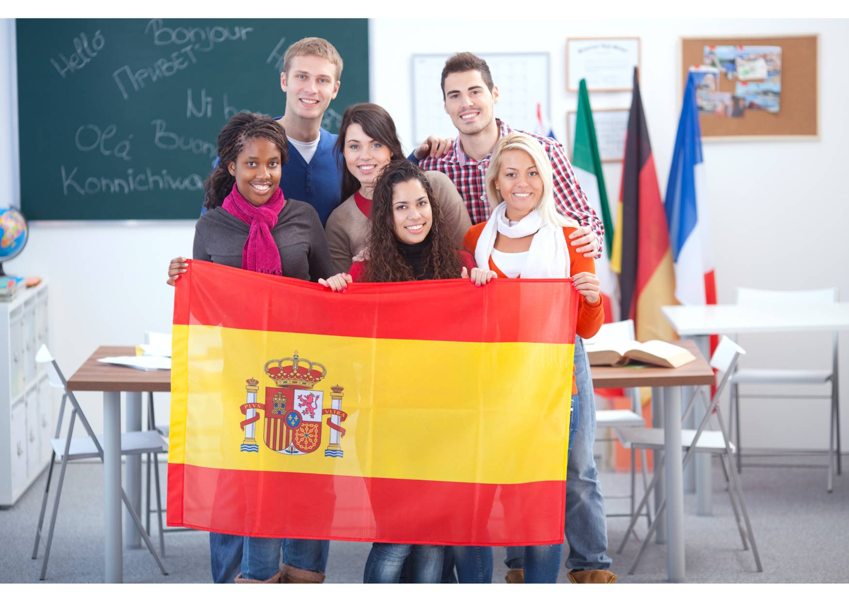 Students at language school with spanish flag